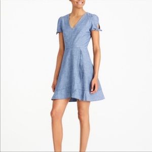 J. Crew Factory Chambray Faux Wrap V-Neck Ruffle Cotton Dress Size 4